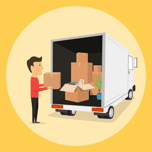 Moviéndose con cajas. Cosas en caja. Empresa de transporte — Vector de stock