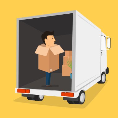Boxman. Hareketli Kutular ile. Şeyler kutusunda. Nakliye şirketi