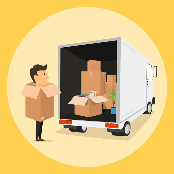 Boxman. Moviéndose con cajas. Cosas en caja. Empresa de transporte — Archivo Imágenes Vectoriales