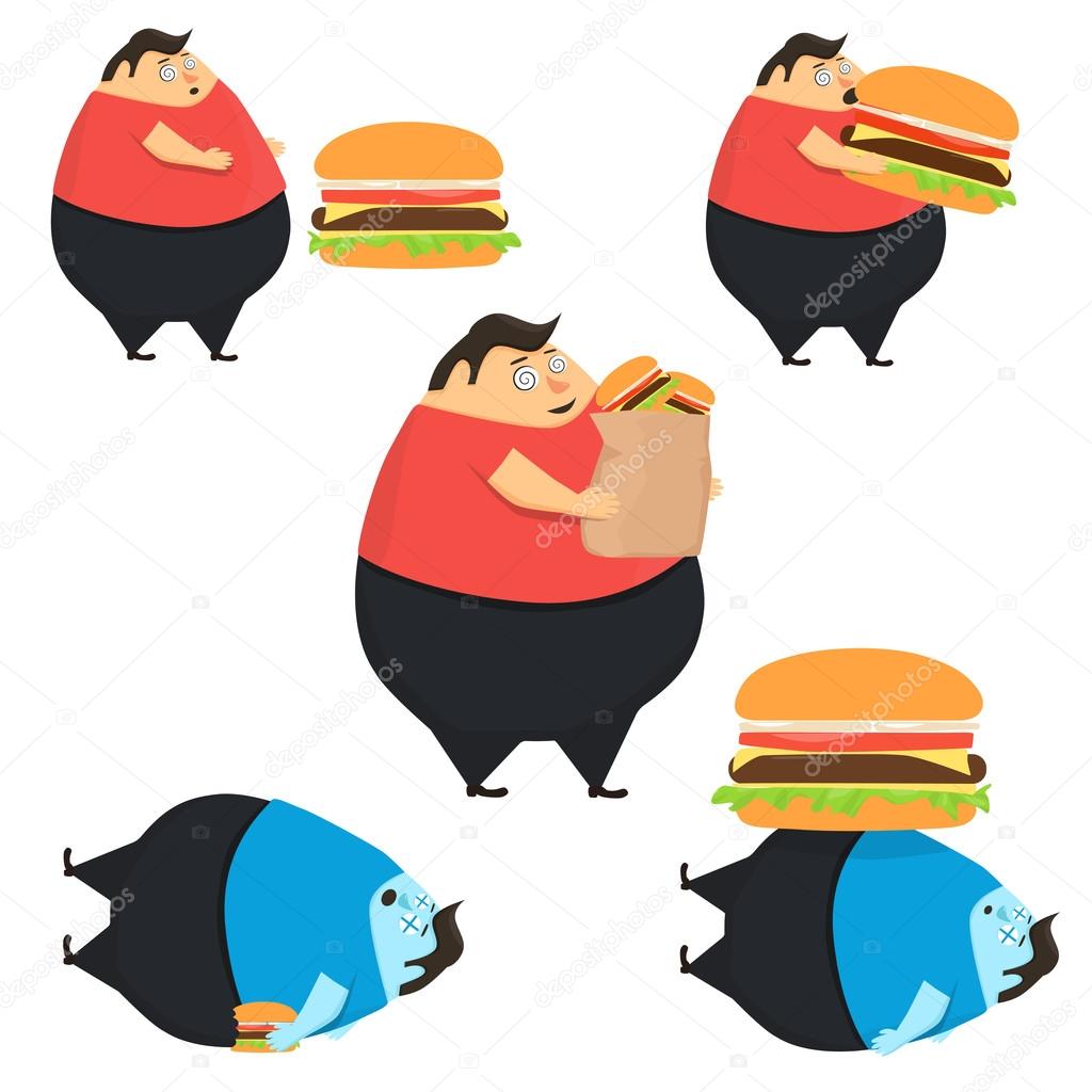 Set of fat people eat burger