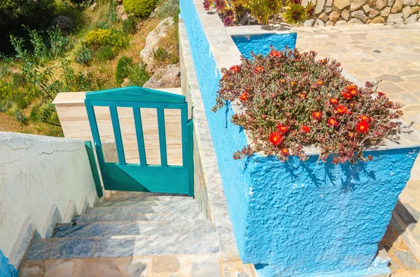 Blauwe hek en muur met rode bloemen, Griekenland — Stockfoto