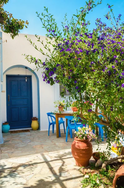 Entry to typical Greek house, blue doores , Greece — Stock Photo, Image