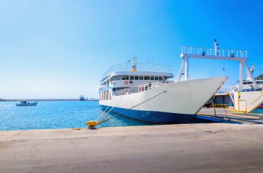Empty ferry in typical Greek blue white colors clipart