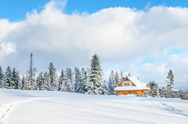 Casa de madera con carretera bajo la nieve — Foto de Stock