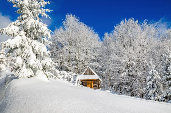 Kış manzara kulübede dağ — Stok fotoğraf