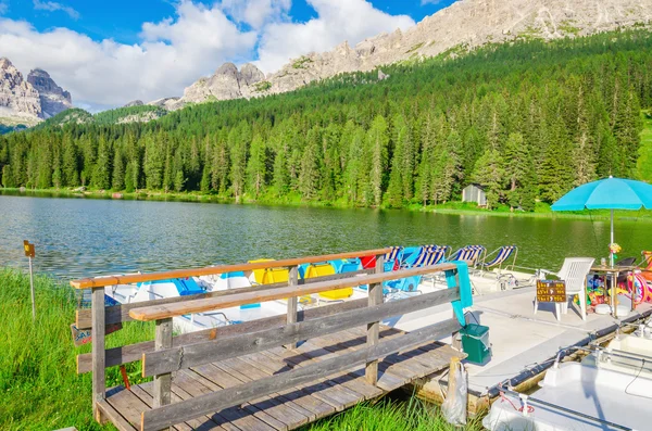 Colored pedalos on the Lake Misurina — Stock Photo, Image