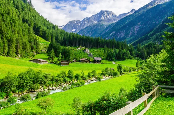 Gröna ängar och alpina stugor, Österrike — Stockfoto