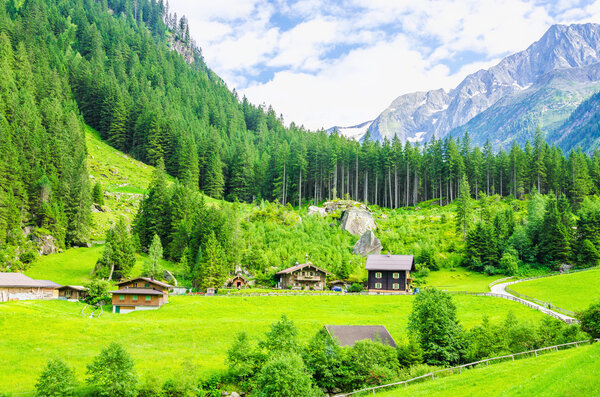 Green meadows, alpine cottages and mountain peaks