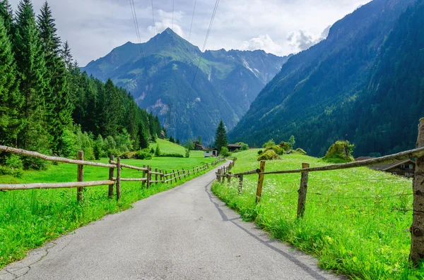 Hoge toppen van de Alpen met coutry road, Oostenrijk — Stockfoto