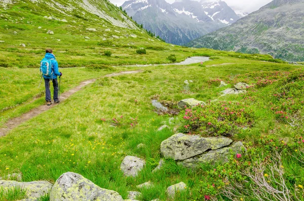 Ung kvinna på en mountain trail, Alperna, Österrike — Stockfoto