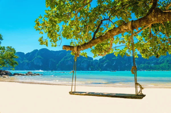 Swing hang van kokosnoot boom over beach, Thailand — Stockfoto