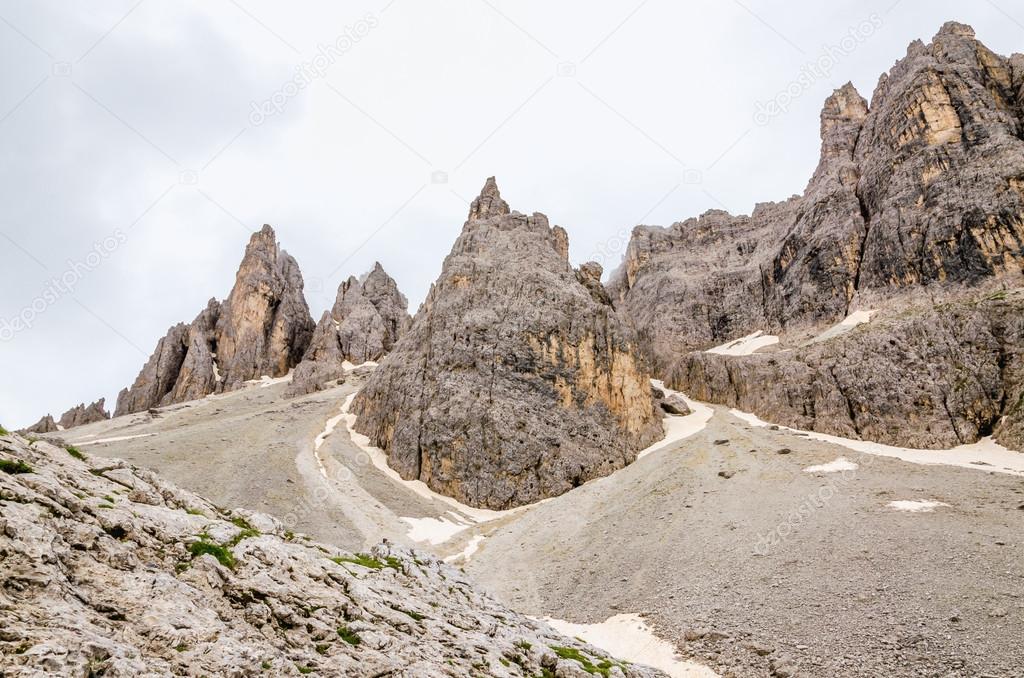 Mountain landscape and snow peaks, Dolomites Italy