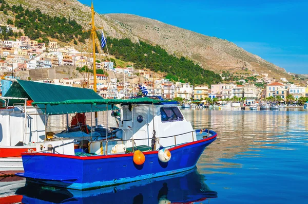 Blue wooden boat in peaceful port — Stock Photo, Image