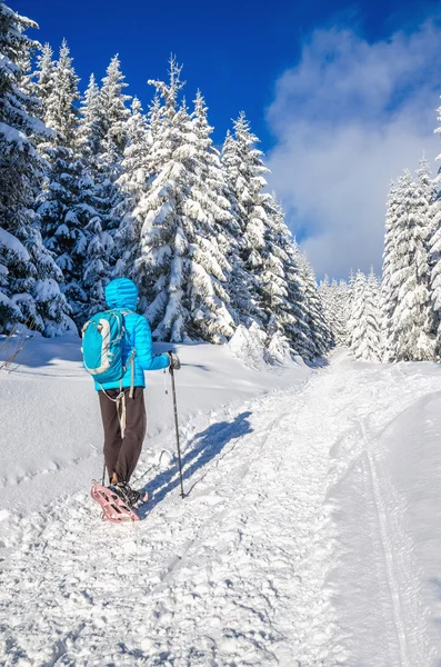 Mujer joven en chaqueta del amanecer con mochila, invierno — Foto de Stock