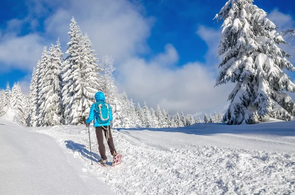 Kvinna med dawn jacka i vinter berg — Stockfoto