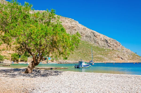 Playa de guijarros griega en bahía tranquila, Mar Egeo Grecia — Foto de Stock