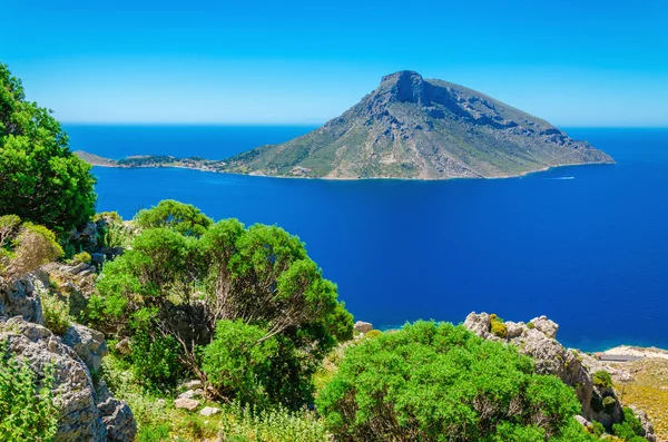 Ilha do vulcão grego com arbustos verdes, Grécia — Fotografia de Stock