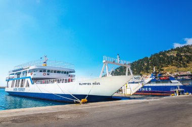 Docked Greek Ferry painted in typical blue colors