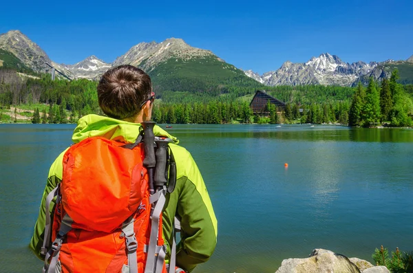 Man admires high mountains and lake — Stock fotografie