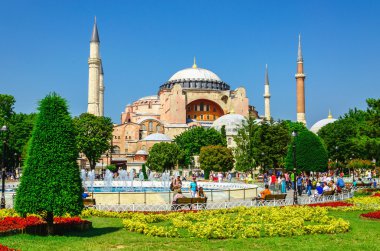 Hagia Sophia, flower garden in Istanbul, Turkey