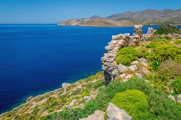 Griekse zee baai met gras en struiken, Griekenland — Stockfoto