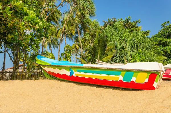 Barco exótico colorido na praia com palmeiras — Fotografia de Stock