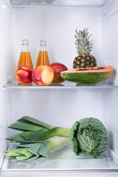 Open Fridge Full Fresh Fruits Vegetables Healthy Food Background Organic — Stock Photo, Image