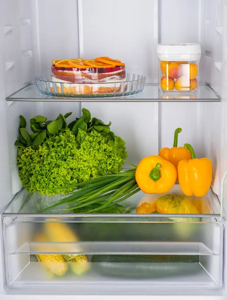 Open Fridge Full Fresh Fruits Vegetables Healthy Food Background Organic — Stock Photo, Image