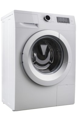 Beyaz arka planda izole edilmiş çamaşır makinesi.