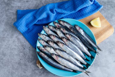 Tüm ançüezler mavi tabakta mermer arka planda. Uzayı kopyala Taze balık kavramı. Üst görünüm.