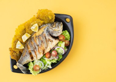 Salatalı kızarmış balık ve sarı arka planda siyah tabakta patatesler. Boşluğu kopyala.