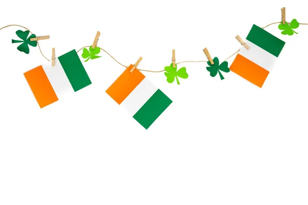 Patrick Day Garlands Flag Cloverleaf Decorations Copy Space — Stock Photo, Image