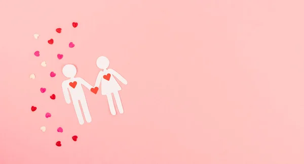 Dia Dos Namorados Papel Corte Casal Fundo Rosa Com Decoração — Fotografia de Stock