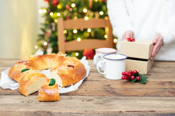 Roscn Reyes Typical Spanish Sweet Cut Wooden Table Christmas Tree — Stock Photo, Image