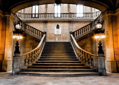 Porto, Portugal- January 6, 2020: Beautiful and sumptuous stairway built in 1868 by Goncalves e Sousa of the Stock Exchange Palace in Porto clipart