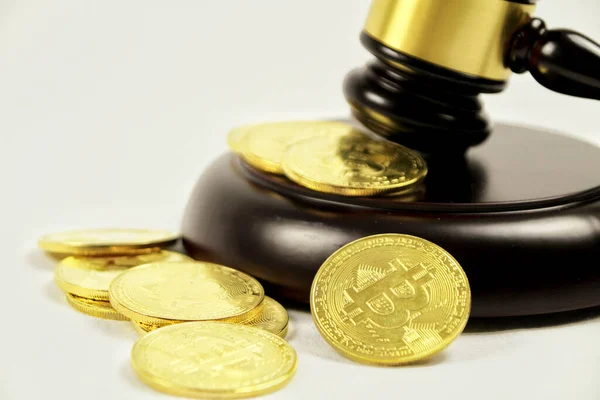Golden Bitcoins Judge Gavel White Background — Stock Photo, Image