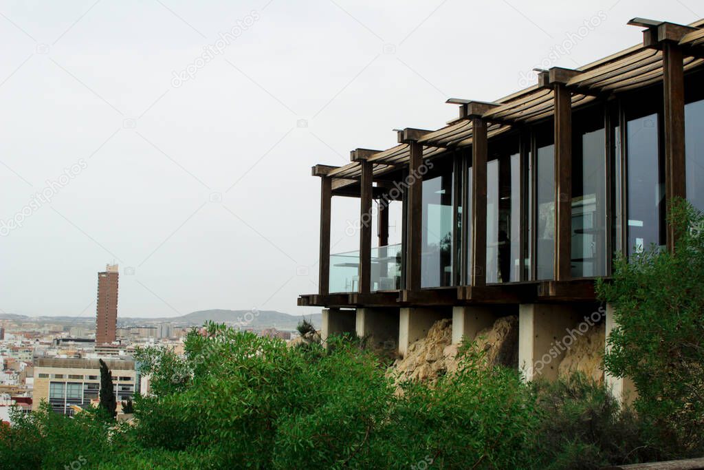 Restaurant with windows overlooking the the city of Alicante in Spain