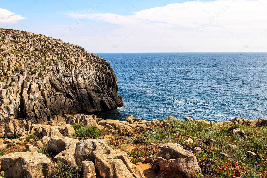Views of the wild Atlantic Ocean with beautiful cliffs and beaches in Peniche, Portugal