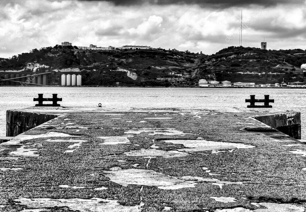 Dock on the shore of The Tagus River in Spring in Lisbon