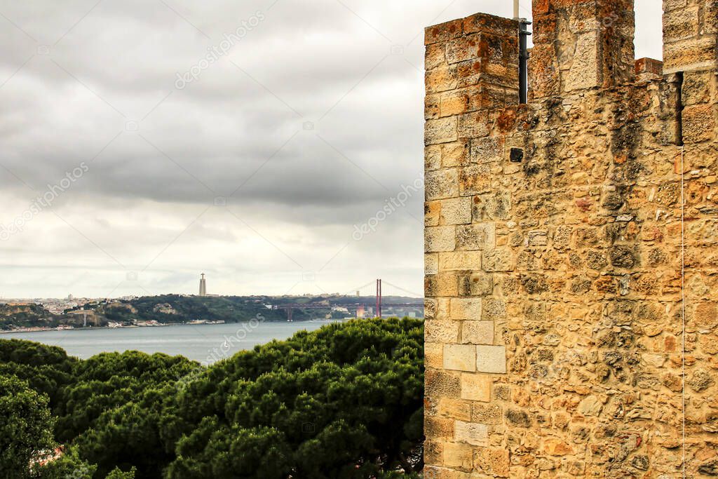 Panoramic of the Tagus River and vegetation from the Castle of San Jorge on a cloudy day in Spring