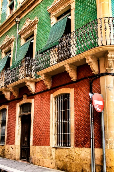 Old Colorful Majestic Tiled Facades Vintage Streetlight Elche Alicante Spain — Stock Photo, Image