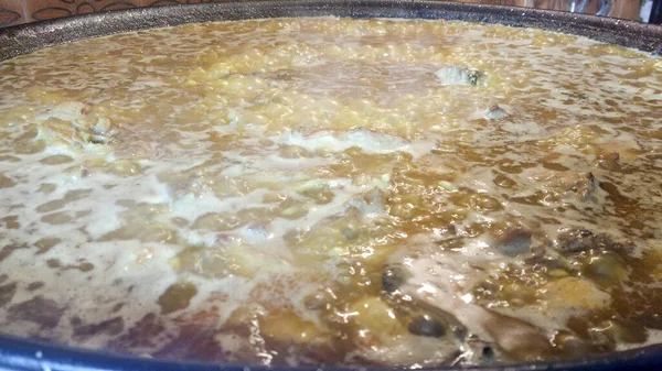 Cottura Paella Riso Con Coniglio Piatto Tipico Spagnolo — Foto Stock