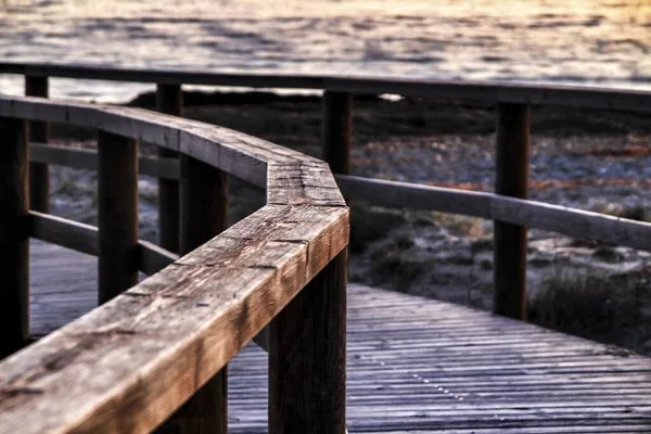 Holzsteg Zum Strand Arenales Del Sol Einem Schönen Mit Sonnenaufgang — Stockfoto