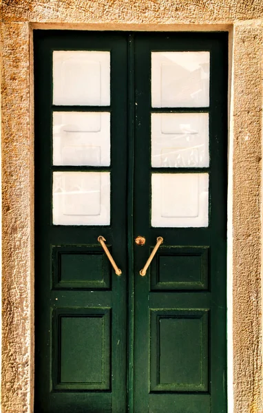 Colorful Green Wooden Door Iron Details Lisbon Portugal — Stock Photo, Image