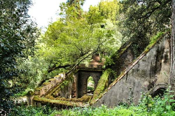 Oude Stenen Ruïnes Van Een Klooster Prachtige Lommerrijke Tuin Van — Stockfoto