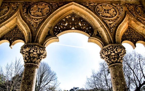 Bellissimi Portici Pietra Scolpita Colonne Del Palazzo Monserrate Sintra Lisbona — Foto Stock