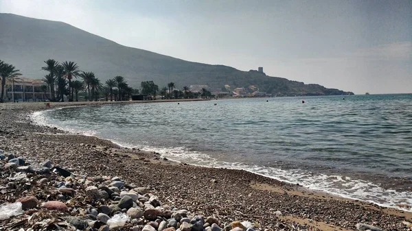 Praia Bonita Com Barcos Falésias Montanhas Azohia Aldeia Cartagena Múrcia — Fotografia de Stock