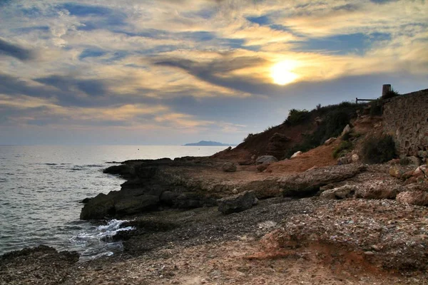 Belo Pôr Sol Praia Isla Plana Cartagena Murcia Espanha — Fotografia de Stock