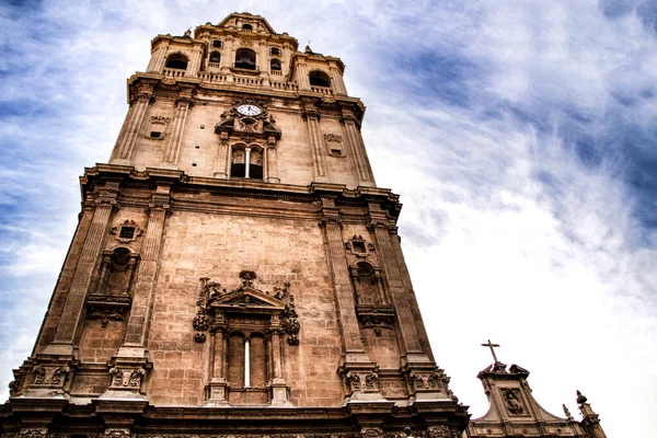 Campanile Orologio Dettagli Pietra Scolpita Sulla Facciata Della Cattedrale Murcia — Foto Stock