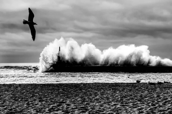 방파제와 아르코 아구다 해변에 등대를 강타하다 — 스톡 사진